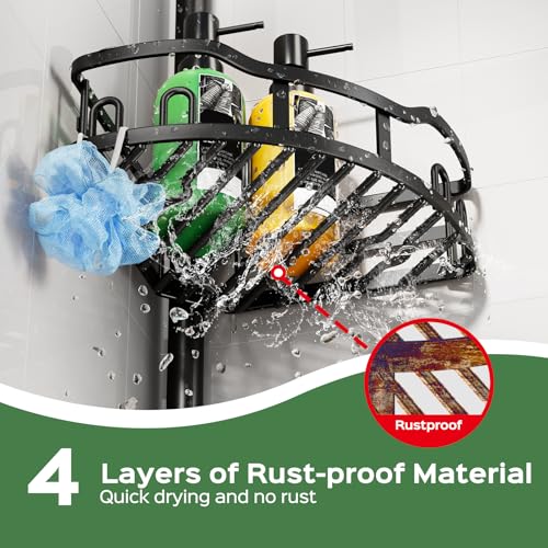 HAMITOR Black 4-Tier Shower Tension Pole Caddy Bathroom Organizer Shelf