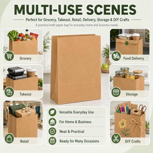 MESHA Paper Grocery Bags 12x7x17 Inches Bulk 100 Pack - Heavy Duty Kraft Bags with Variation 12"x7"x17"