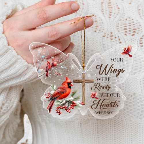 Memorial Gifts, Acrylic Ornaments, Loving Memory Cardinal Cross, Snow Hanging Decorations Gift Cross Christmas Tree Holly with Berries Mirror Car with Ribbon Cardinal Bird