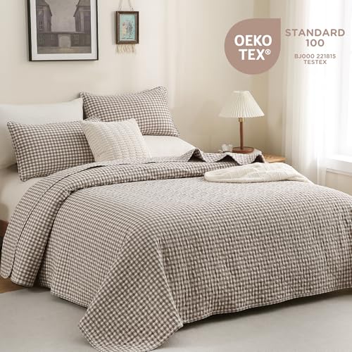 TOCOMOA Tan Gingham Quilt Bedding Set - King 106x96 Inches, Cotton-Like Linen