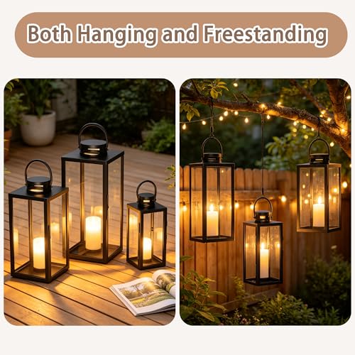 Square Black Decorative Metal Candle Lanterns Set Hanging & Tabletop for Indoor Outdoor
