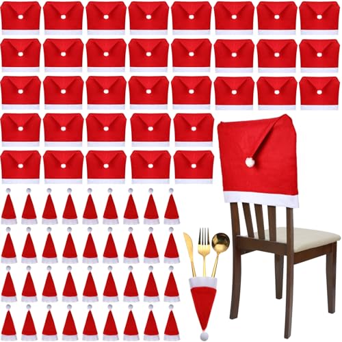 96 Pcs Christmas Chair Covers and Santa Hats Silverware Holders by Chumia