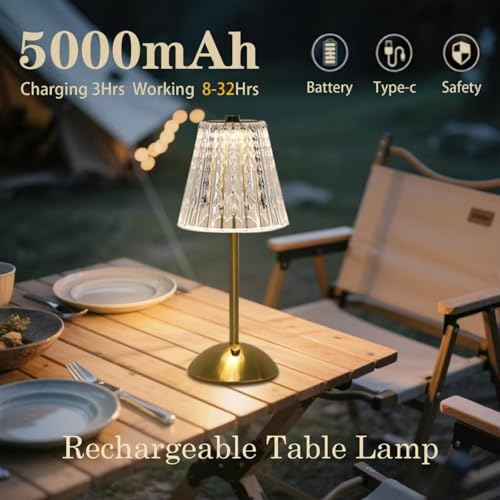 Rechargeable Touch Dimming Table Lamp - Large Gold Crystal Style - 2 Pack