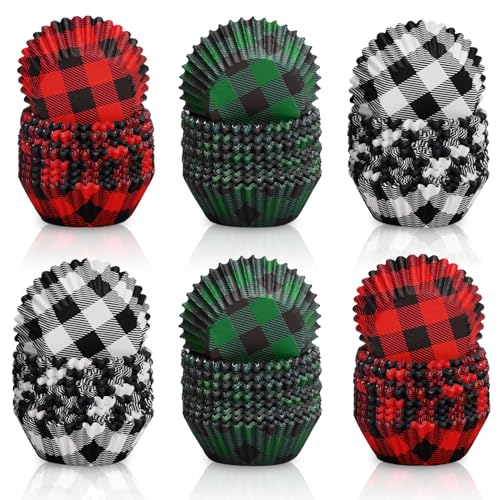 Whaline 600pcs Christmas Buffalo Plaid Cupcake Liners 2 x 1.2 inch, Holiday Paper Baking Cups for Xmas Party