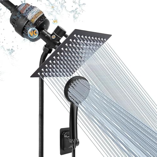 NearMoon Matte Black 8-Inch Square Filtered Rain Shower Head & Handheld Combo with 5 Settings, Self-Adhesive Holder & 1.5M Hose