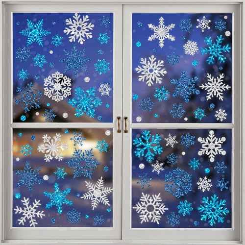 9 Sheets Glitter Snowflake Window Clings Christmas Window Decals Blue Silver Snowflake Windows Stickers Double-Sided Winter Windows Clings for Xmas Winter Holiday Wonderland Party Home Glass Decor