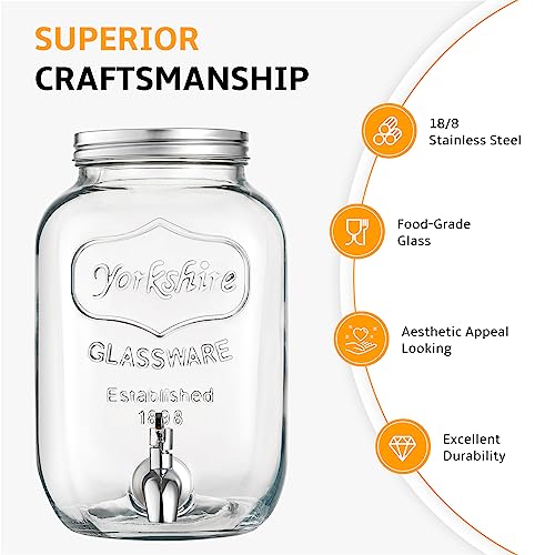 2 Gallon Glass Beverage Dispenser with Stand & Lid - Mason Jar Style, Stainless Steel Spigot