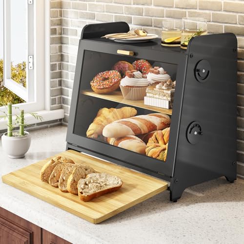 SNTD Airtight Bread Box for Kitchen Countertop, Bamboo Cutting Board,