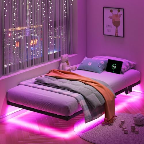 Floating Bed Frame Twin with LED Lights and Charging Station - 8 Inch Height