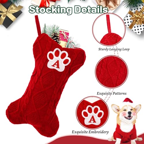 Ulico Dog Stocking with Initials£¬Bone Shape Christmas Stocking with Letters,Cable Knit Embroidered Monogram Christmas Stocking for Dogs Cats,Xmas Stockings for Pets Red C