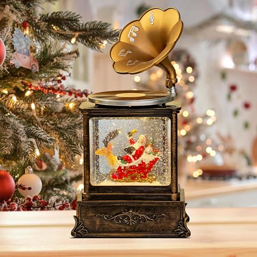 MOJDIOSM Phonograph Snow Globe Lantern - 8 Songs, Silent Mode, USB/Battery Powered, Reindeer Santa Snowman 10.8in