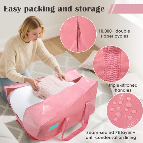 Pink 12 Pack Heavy Duty Waterproof Moving Bags 93L with Full-Open Side Zipper