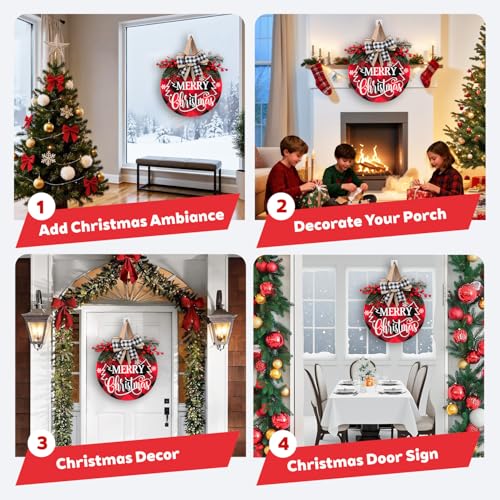 UIONML Christmas Door Sign-D 12 Inch Merry Christmas Welcome Hanging Wreath Decor with Bow Rustic Farmhouse Holiday Sign