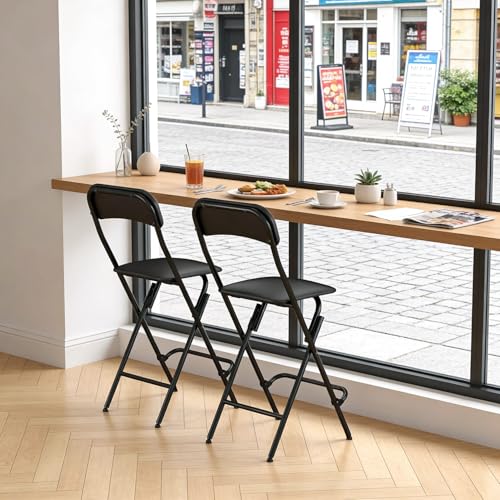Veni Home 2-Pack Folding Bar Stools with Backrest, 25 Inch Leather Padded Counter Height Chairs, Black