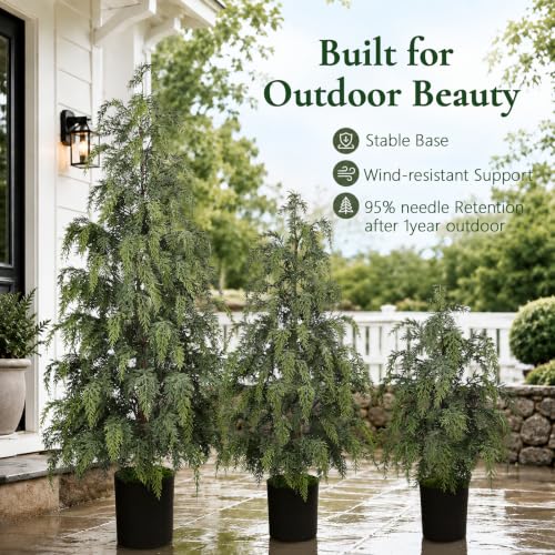 N&T NIETING 3-Pack Artificial Cedar Trees for Outdoors - 2FT, 3FT, 4FT, Realistic Faux Greenery Set, Stable Cement Base, Easy Assembly