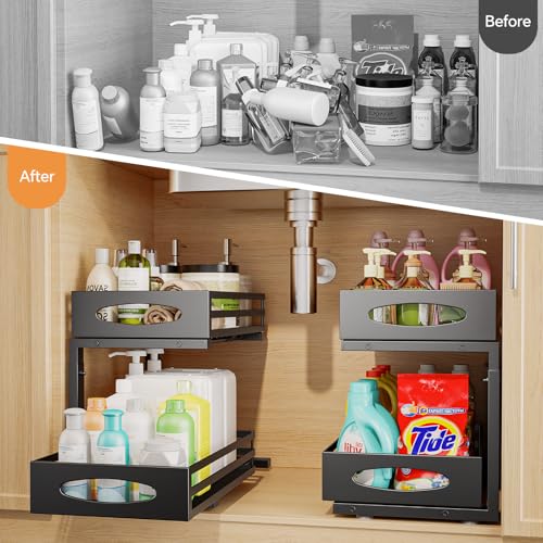 Black 2-Tier Under Sink Organizer with Adjustable Height - Pull-Out Cabinet Storage Shelf