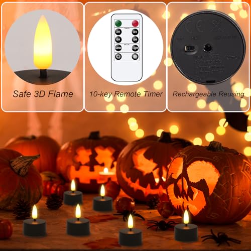 Rechargeable Black Tea Lights Candles with Remote & Timer - Set of 12 - Black
