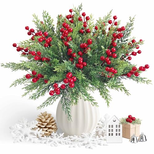 4 Bundles Christmas Artificial Flowers with Red Berries & Norfolk Pine Branches, 36cm each - Perfect for Garlands and Table Décor (4 Bundles)