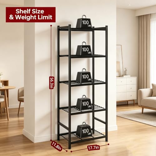 Black 5-Tier Metal Shelving Unit with Adjustable Feet - 17.7 x 11.8 x 56.3 inches