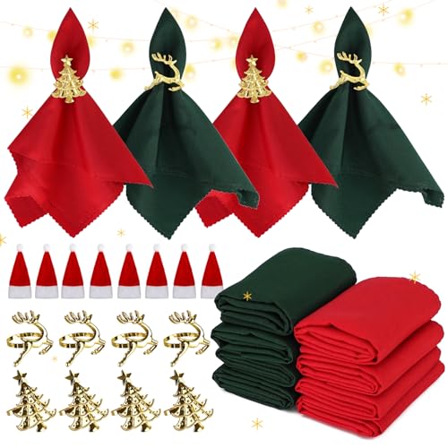 24 Pcs Christmas Napkin Rings Cloth Set with Santa Hats & Holiday Decor