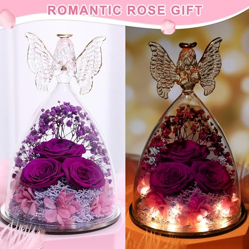 Tiaronics Purple Preserved Rose Gift in Glass Angel Figurine for Women, Mother's Day