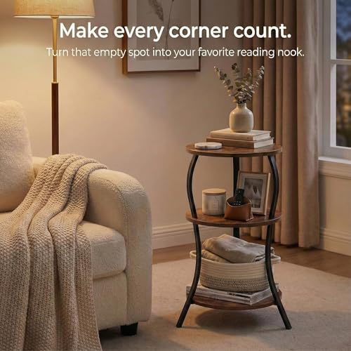 YEAKOO Rustic Brown 3-Tier Small Round Side Table - Vintage Modern End Table
