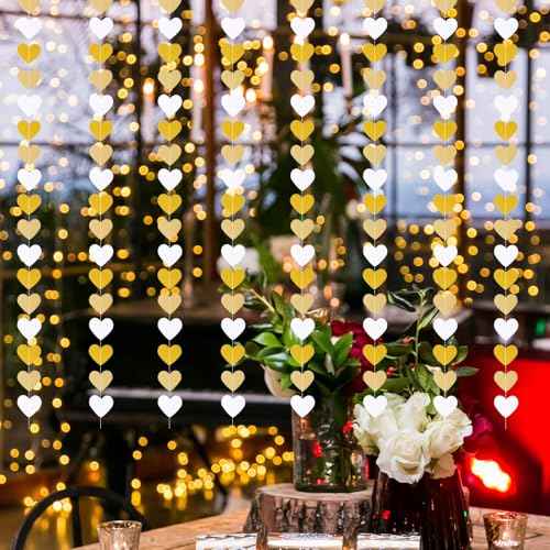 White-Gold Champagne Party-Decorations Heart Streamers Garland 52ft Hanging Streamers Banner Christmas Engagement Hanging Decoration Streamer Banner for Anniversary Wedding Birthday Bachelorette