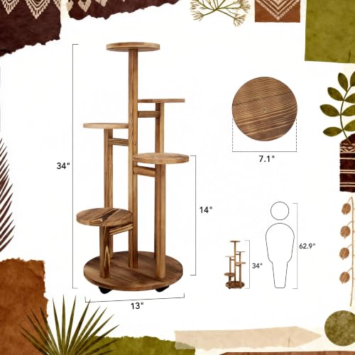 Indoor 5-Tier Plant Stand with Wheels - Brown Wooden Tall Flower Rack