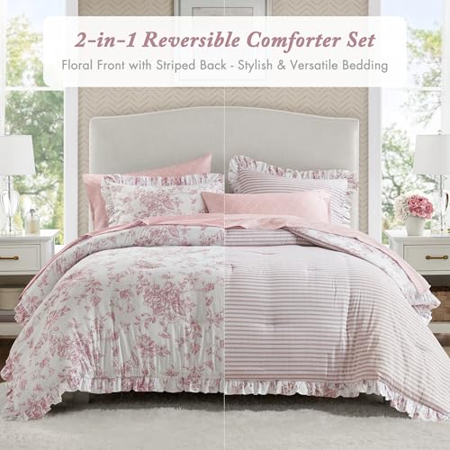 Madison Park 7-Piece Pink Floral Comforter Set with Sheets Full