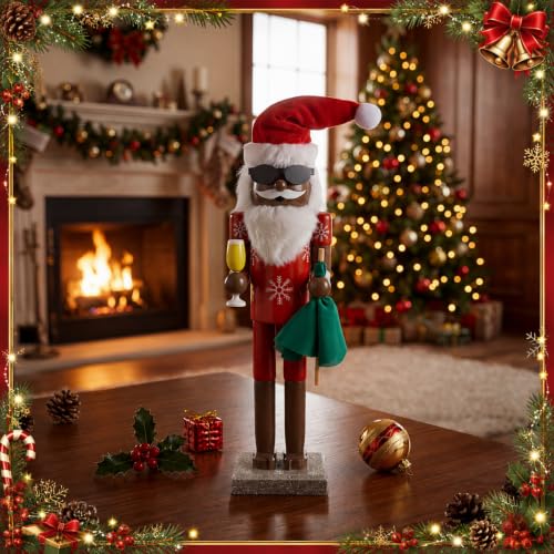 15 Inch Black African American Santa Nutcracker Christmas Decor - Wooden Tabletop Ornament