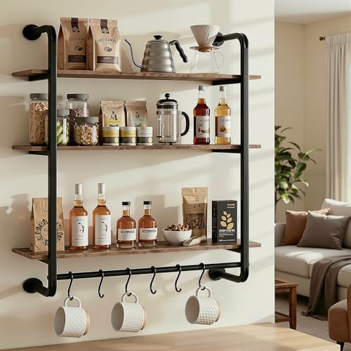 3 Tier Industrial Pipe Floating Shelf, 24" Kitchen Wall Shelves