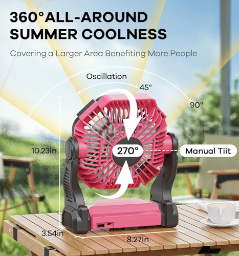 Pink Portable Battery-Powered Camping Fan with LED Light & 20,000mAh Power Bank