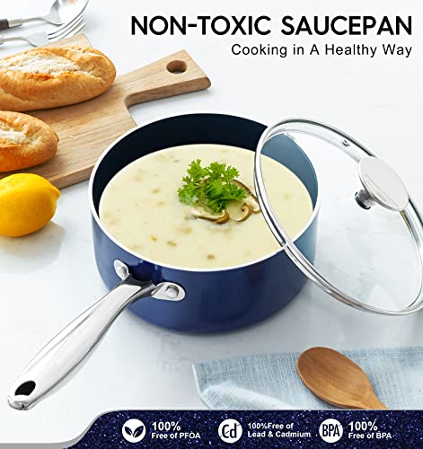 Michelangelo Blue Ceramic Saucepan Set 1Qt, 2Qt & 3Qt with Lids, Nonstick, Oven Safe