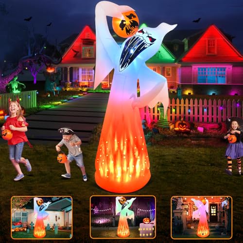 10 Ft Halloween Ghost Inflatable with Pumpkin and LED Lights - Outdoor Yard Decor