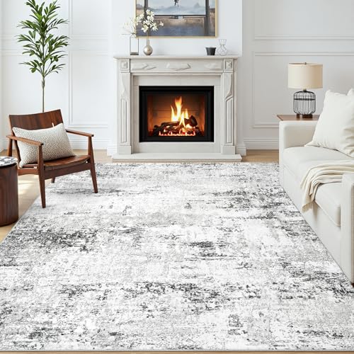 6x9 Large Washable Abstract Area Rug - Soft Non-Slip Living Room Carpet - White Grey Black, Rectangular