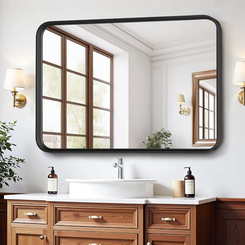 Modern 30x22 Inch Black Metal Framed Bathroom Mirror - Rounded Rectangle Wall Mirror with Anti-Rust Tempered Glass