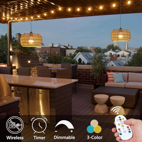 Eayaya Battery Operated Rattan Pendant Chandelier with Remote - 11.8” Outdoor & Indoor Boho Hanging Light, Model 1