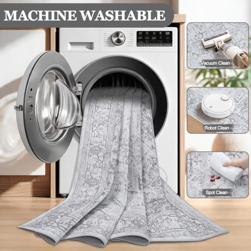 8x10 Gray Washable Area Rug for Living Room Non-Slip Low-Pile Carpet