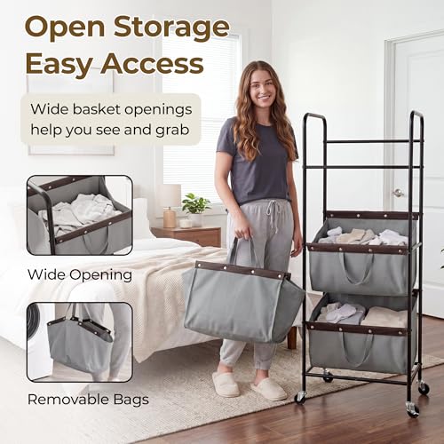 Grey 3-Tier Laundry Sorter Cart with Wheels - Narrow Hamper for Small Spaces