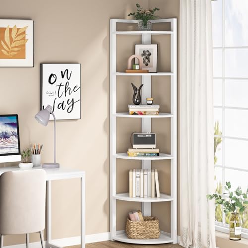 White Tribesigns 6-Tier Corner Shelf - Space-Saving Bookcase for Living Room & Home Office