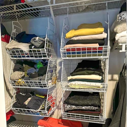 3-Tier Foldable Closet Organizer with Hooks - White Storage Baskets for Clothing & Accessories