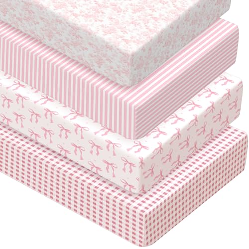 Peryiter 4 Pack Pink Crib Sheets with Coquette Bow - Fitted Microfiber Bedding for Standard Cribs 52'' x 28''