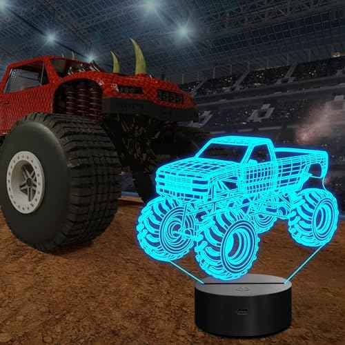 Monster Trucks Night Light for Boys, 3D LED Optical Illusion Lamp with Remote Control and Timer, Perfect Christmas and Birthday Gift Idea for Boys, Kids, and Teens