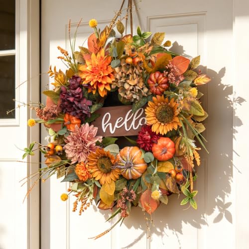 Pumpkin Fall Wreath for Front Door 24 Inch Autumn Decor Sunflowers & Pumpkins