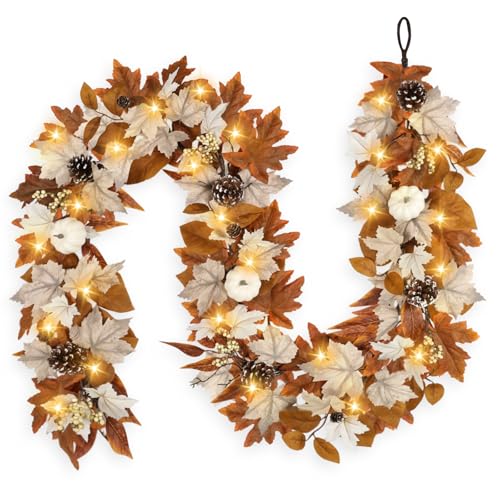 6FT Lighted Fall Garland with Pumpkins and Autumn Leaves - Orange Variation