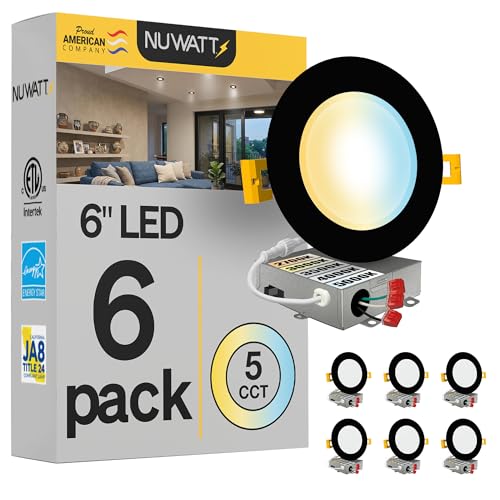 NUWATT 6 Inch Black Recessed LED Downlights with 5 CCT, Dimmable, Damp Rated, 6 Pack
