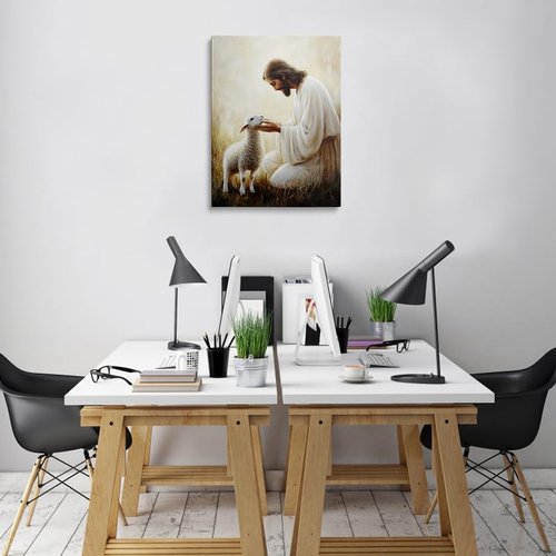 Jesus Holding Lamb Canvas Wall Art - Serene Religious Decor for Home & Church | 12x16 Inches