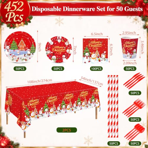 Ceenna 452 Pcs Christmas Tableware Set Red Gold - Snowman Theme, 50 Guests, Includes Plates Cups Napkins Cutlery & Tablecloths ( variation: Red Gold / Christmas )