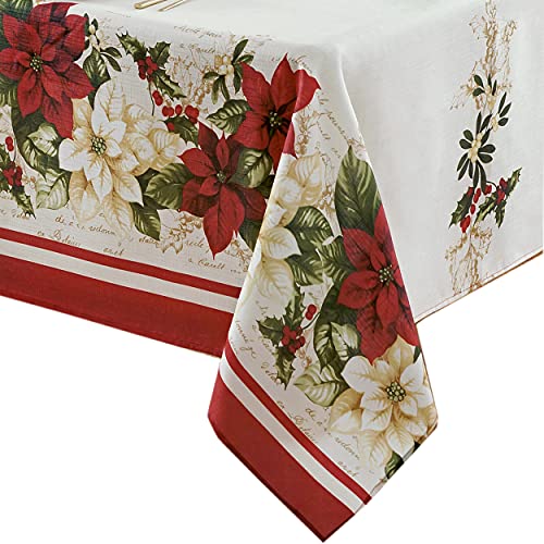 Newbridge 84x60 Inch Christmas Poinsettia & Floral Border Rectangular Fabric Tablecloth