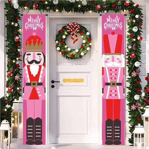Christmas Decorations Outdoor Porch Banner, Nutcracker Xmas Yard Front Door Decor,Red and Green Buffalo Plaid Porch Sign Set Wall Hanging Outdoor Decorations and Supplies for Home Office -12 x 71 inch (Pink)